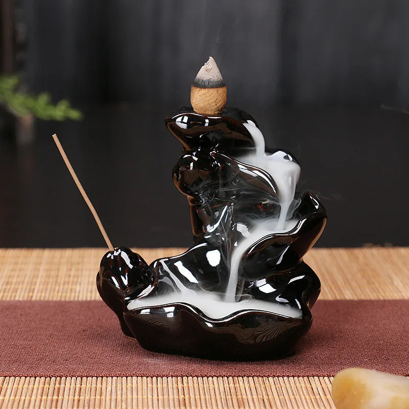 Waterfall Incense Holder Backflow Cone Ceramic Burner Handcrafted Porcelain Censer Incense Stick Stand with 20 Free Cones