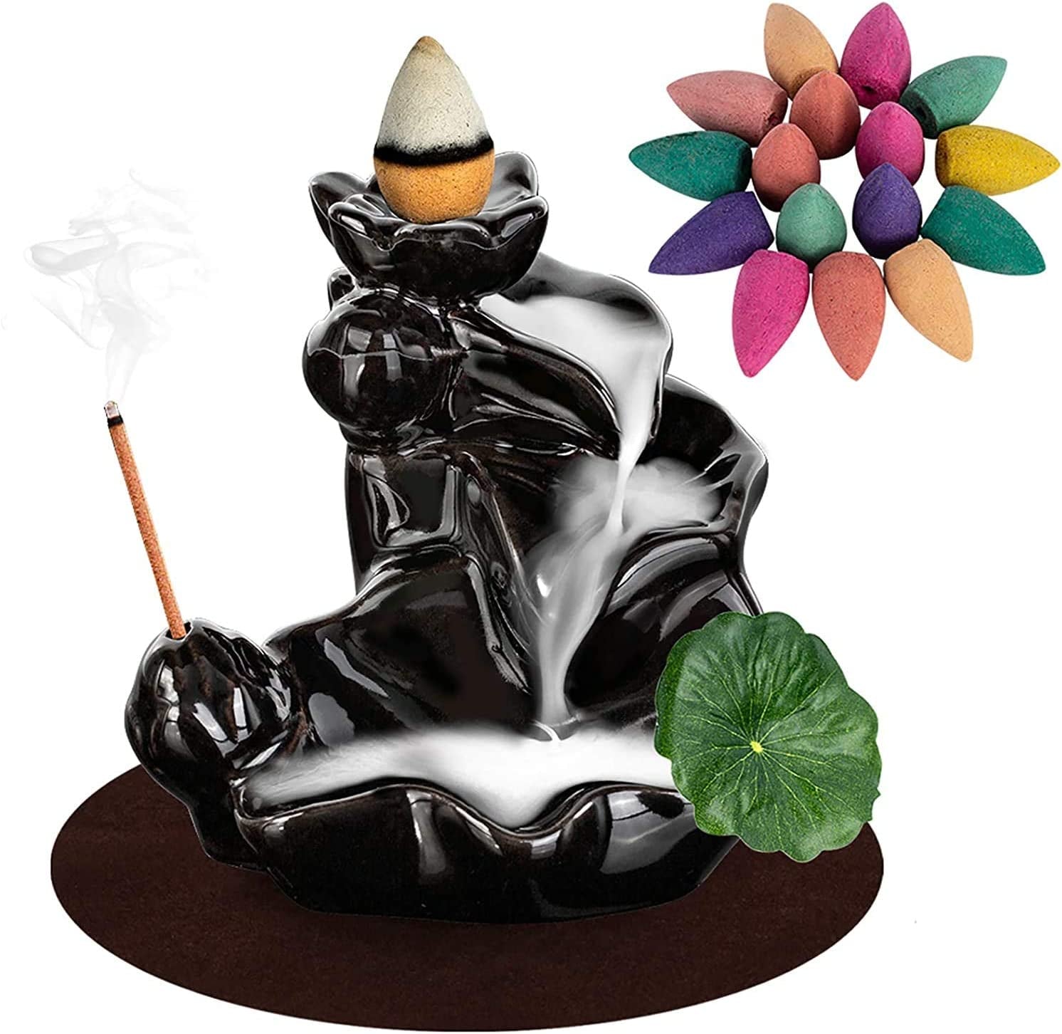 Waterfall Incense Holder Backflow Cone Ceramic Burner Handcrafted Porcelain Censer Incense Stick Stand with 20 Free Cones