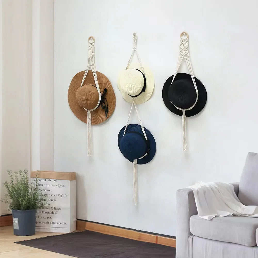 Macrame Hat Hanger - Boho Wall-Hanging Holder Organizer for Cowboy, Gaucho Hats