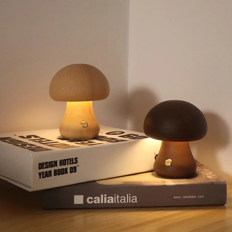 Wooden Mushroom Night-Light - Boho Dimmable LED Lamp