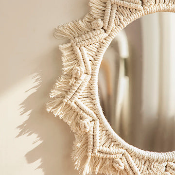 Macrame Mirror with Boho Fringe - Wall-Hanging Round Mirror